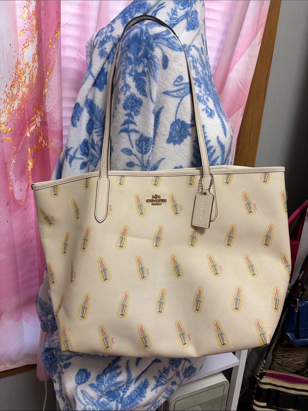 Coach Cream Tote with Lipstick Print